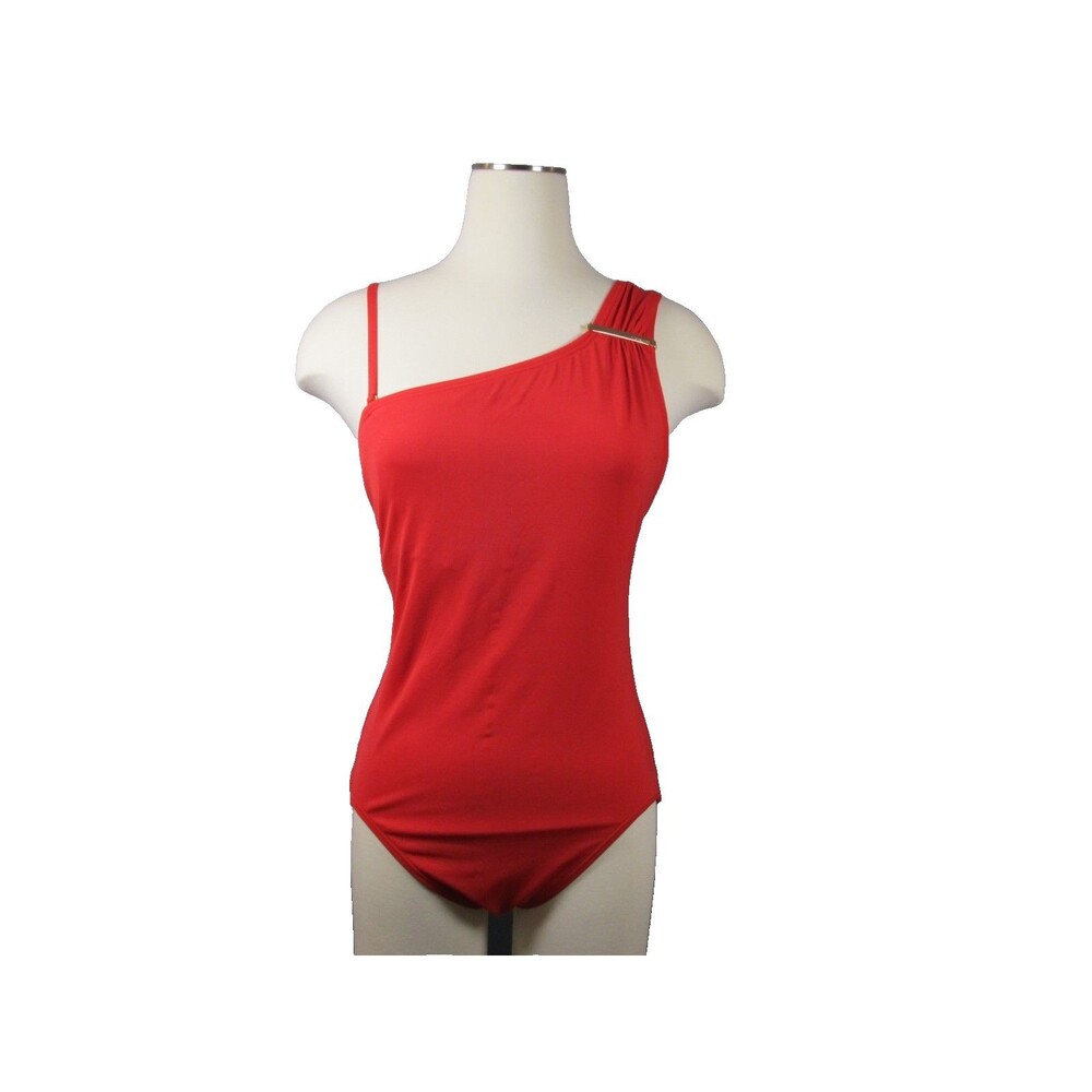 Michael Kors One‑Shoulder Red Swimsuit – Size 12 – Gold Logo Hardware – Preowned